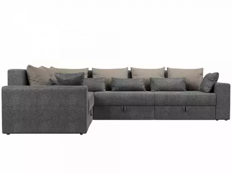 Угловой диван левый Мэдисон long Рогожка Серый с бежевыми и серыми подушками