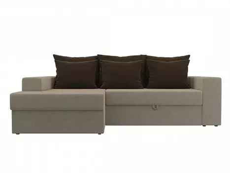 Диван угловой Майами левый Микровельвет Бежевый с коричневыми подушками