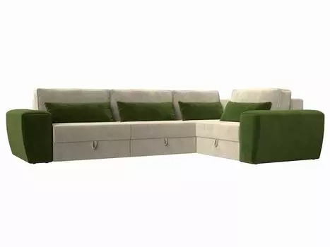 Угловой диван Лига-008 Long правый Микровельвет Бежевый/Зеленый