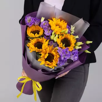 Букет "Подсолнухи и Фиолетовые Эустомы" мини