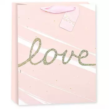 Пакет подарочный, Любовь (золотой курсив), Розовый, Голография, 23*18*10 см