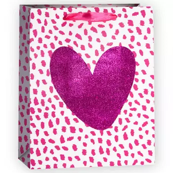 Пакет подарочный, Сердце, Розовый, с блестками, 32*26*12 см