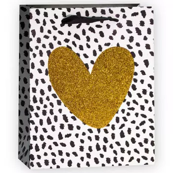 Пакет подарочный, Сердце, Золото/Черный, с блестками, 32*26*12 см