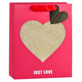 Пакет подарочный, Золотое сердце, Признание в любви, Красный, с блестками, 42*32*12 см