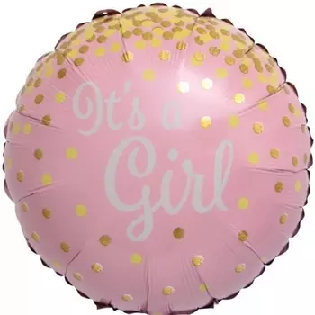 Воздушный Шар "Круг", С Рождением Девочки (Золотое Конфетти, Розовый)