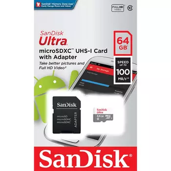 Карта памяти SanDisk Ultra MicroSD XC 64 ГБ class 10 (с адаптером)