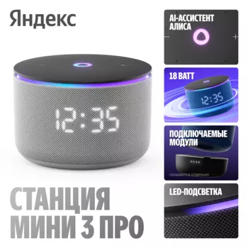 Умная колонка Яндекс Мини 3 Про Zigbee с Алисой на YaGPT, серая (YNDX-00059GRY)