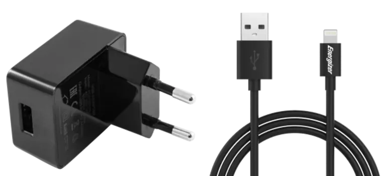 Зарядное устройство сетевое Energizer с разъемом Lightning MFI 2.4A, черное