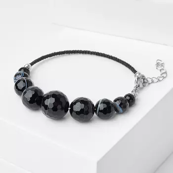 Браслет агат черный (биж. сплав, сталь хир., текстиль) огранка 17 см (+3 см)