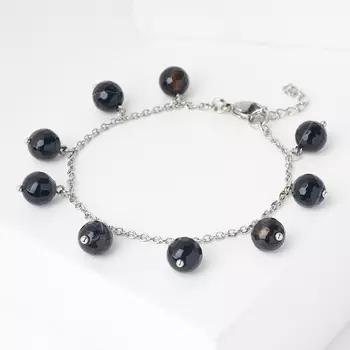 Браслет агат черный (биж. сплав, сталь хир.) огранка 8 мм 17 см (+3 см)