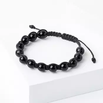 Браслет агат черный (текстиль) шамбала 8 мм 16 см (регулируемый)