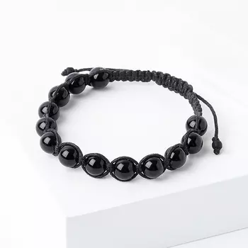 Браслет агат черный (текстиль) шамбала 8 мм 17 см (регулируемый)