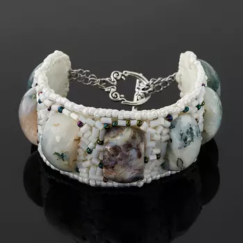 Браслет агат моховой (биж. сплав, кожа иск.) 16 см