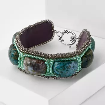 Браслет агат моховой (биж. сплав, кожа иск.) 17 см