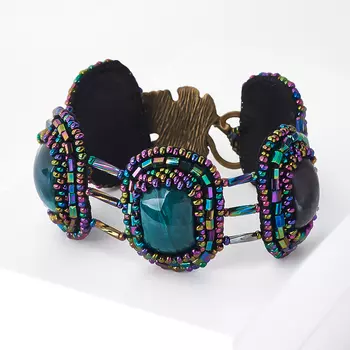 Браслет агат моховой (биж. сплав, кожа натур.) 18 см