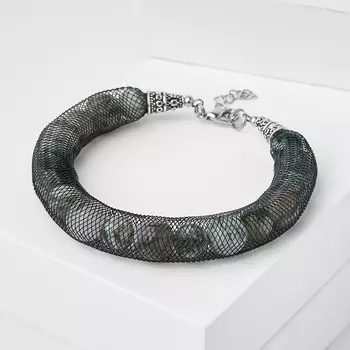 Браслет агат моховой (биж. сплав, сталь хир., текстиль) 17 см (+3 см)