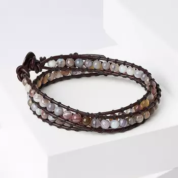 Браслет агат серый (биж. сплав, кожа натуральная) Чан Лу чокер 4 мм 16 см