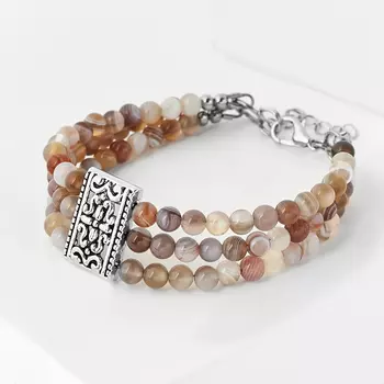 Браслет агат серый (биж. сплав, сталь хир.) 4 мм 16 см (+3 см)