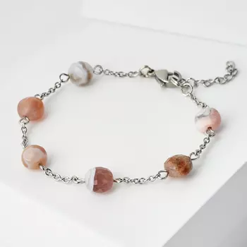 Браслет агат серый (биж. сплав, сталь хир.) огранка 8 мм 17 см (+3 см)