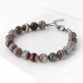 Браслет агат серый (сталь хир., биж. сплав) 8 мм 16 см (+3 см)