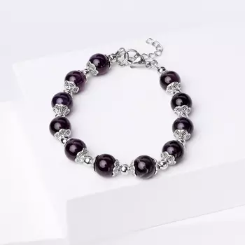 Браслет аметист (биж. сплав, сталь хир.) 8 мм 16 см (+3 см)