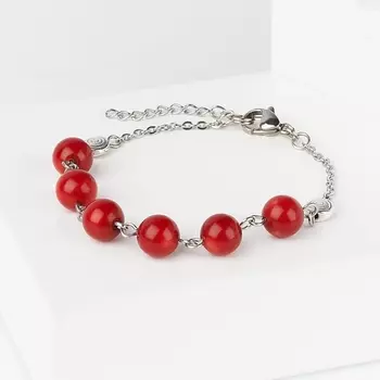 Браслет коралл красный (биж. сплав, сталь хир.) 8 мм 17 см (+3 см)