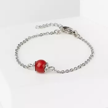 Браслет коралл красный (биж. сплав, сталь хир.) 8 мм 16 см (+3 см)