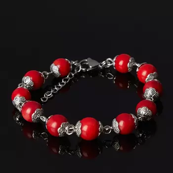 Браслет коралл красный (биж. сплав, сталь хир.) 8 мм 16 см (+3 см)