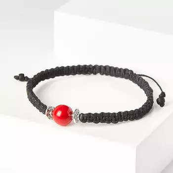 Браслет коралл красный (биж. сплав, текстиль) шамбала 9 мм 16 см (регулируемый)