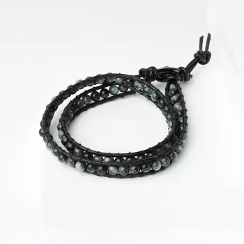 Браслет кошачий глаз (кварцевый) (биж. сплав, кожа натур.) Чан Лу 4 мм 16 см (регулируемый)