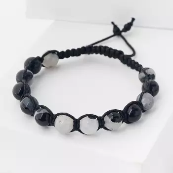 Браслет кварц с турмалином (текстиль) шамбала 8 мм 16 см (регулируемый)