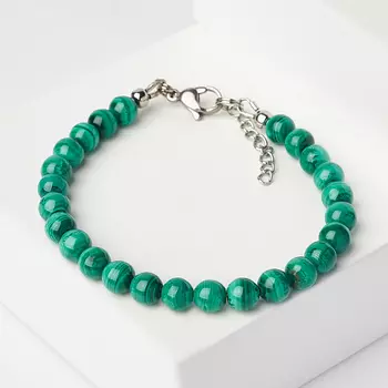 Браслет малахит (биж. сплав, сталь хир.) 6 мм 17 см (+3 см)