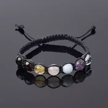 Браслет микс агат, аметист, горный хрусталь (текстиль) 7 чакр шамбала 8 мм 16 см