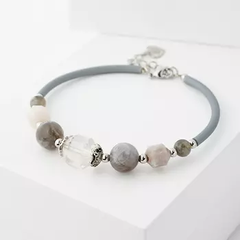 Браслет микс агат, горный хрусталь, лабрадор (биж. сплав, каучук) 19 см (+3 см)