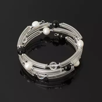 Браслет микс агат, горный хрусталь, жемчуг (биж. сплав) пружина 18 см (регулируемый)