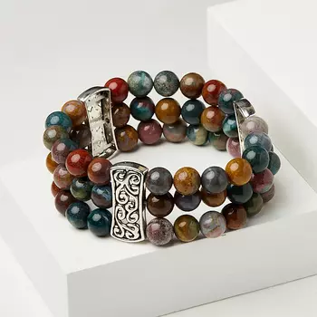 Браслет микс агат, яшма (биж. сплав) 9 мм 17 см