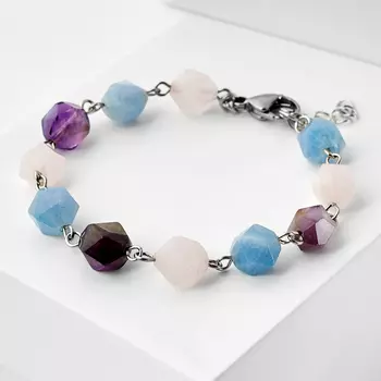 Браслет микс аквамарин, аметист, розовый кварц (биж. сплав, сталь хир.) огранка 17 см (+3 см)