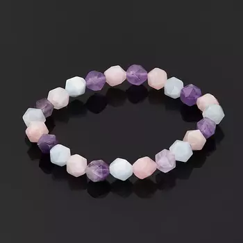 Браслет микс аквамарин, аметист, розовый кварц огранка 7 мм 17 см