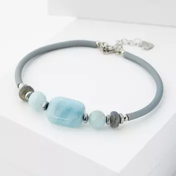 Браслет микс аквамарин, лабрадор (биж. сплав, каучук) 20 см (+3 см)