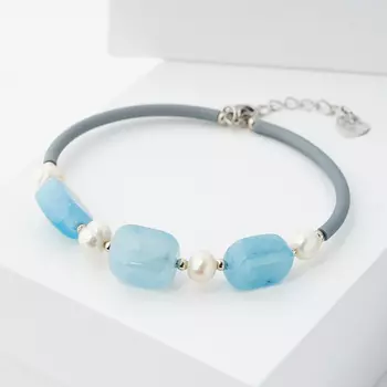 Браслет микс аквамарин, жемчуг (биж. сплав, каучук) 20 см (+3 см)