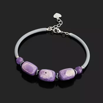 Браслет микс аметист, чароит (биж. сплав, каучук) 6 мм 19 см (+3 см)