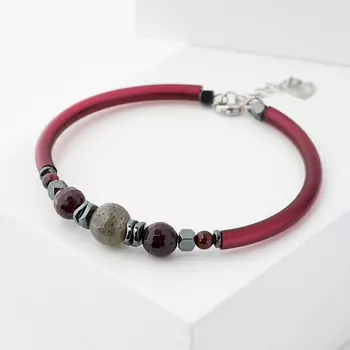 Браслет микс гранат, лабрадор (биж. сплав, каучук) 20 см (+3 см)