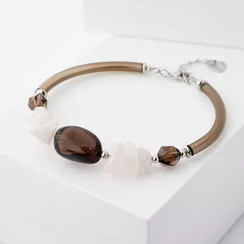 Браслет микс раухтопаз, розовый кварц (биж. сплав, каучук) 19 см (+3 см)