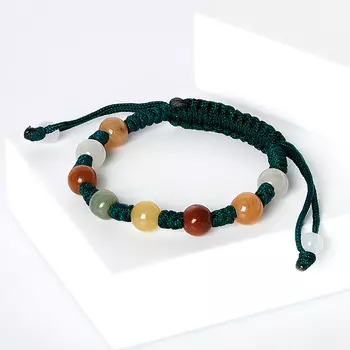 Браслет микс жадеит, солнечный камень (текстиль) шамбала 8 мм 15 см (регулируемый)