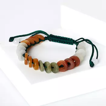 Браслет микс жадеит, солнечный камень (текстиль) шамбала 11 мм 15 см (регулируемый)
