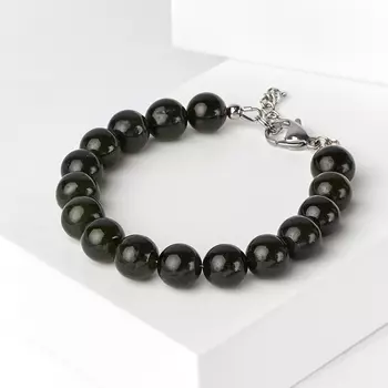 Браслет нефрит зеленый (биж. сплав, сталь хир.) 10 мм 17 см (+3 см)