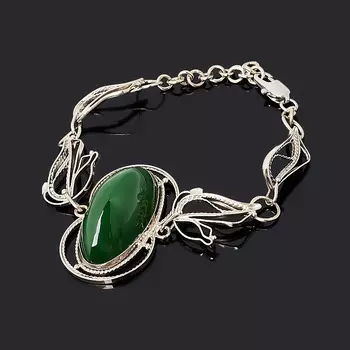 Браслет нефрит зеленый (нейзильбер) 16 см (+3 см)