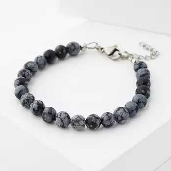 Браслет обсидиан снежный (биж. сплав, сталь хир.) 7 мм 17 см (+3 см)