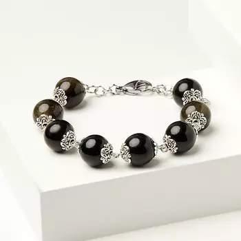 Браслет обсидиан золотистый (биж. сплав, сталь хир.) 12 мм 16 см (+3 см)