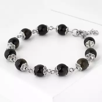 Браслет обсидиан золотистый (биж. сплав, сталь хир.) 8 мм 16 см (+3 см)